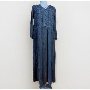 Vtg J Gee India Black Crinkle Maxi Dress L Embroidered Boho Festival Boho Global